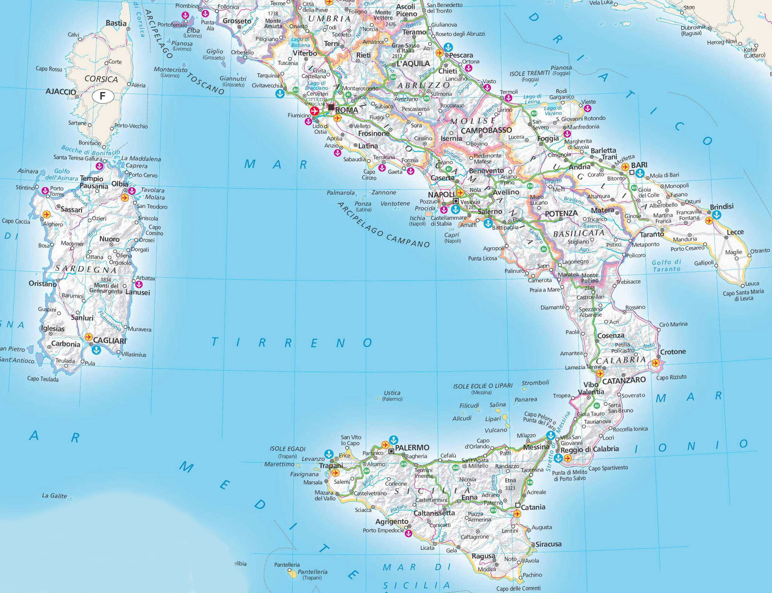 Карта Юга Италии с городами на русском языке